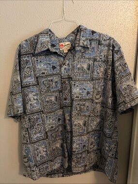 Vintage Hilo Hattie’s Hawaiian Coffee Print Short-Sleeve Shirt - Blue 2XL